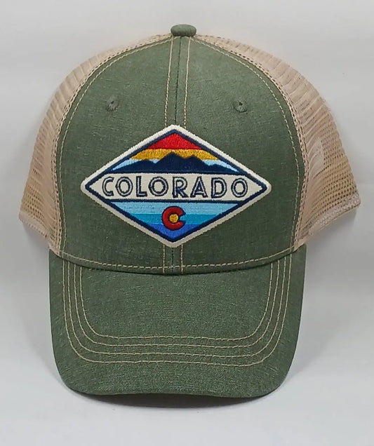 Army Green Hat with a Sunset and Lake! Round The Mountain Gift Shop