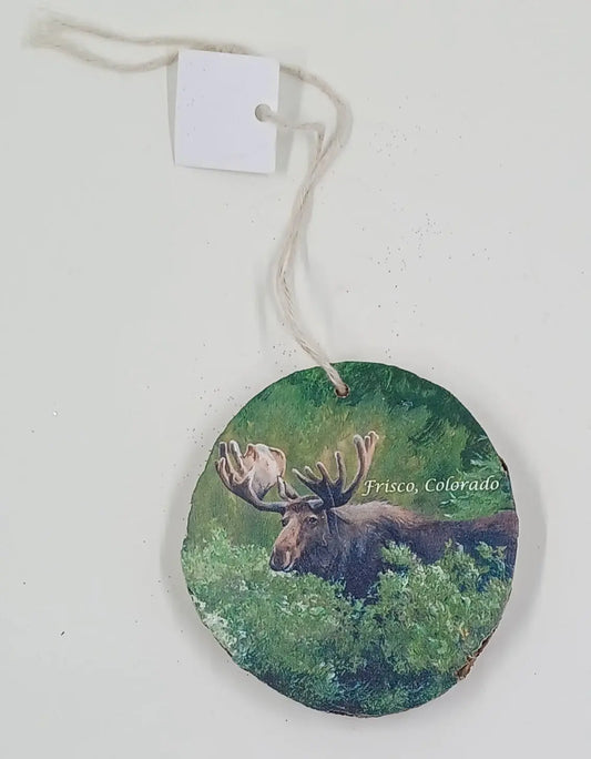 Handcrafted Wooden Ornament With A Moose In The Wild Round The Mountain Gift Shop