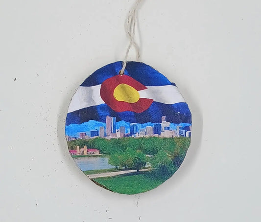 Handcrafted Wooden Ornament with Denver and Colorado Flag Round The Mountain Gift Shop