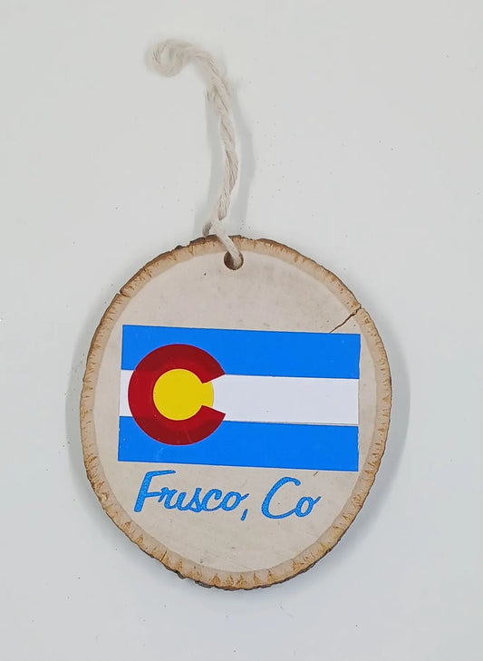 Handcrafted, Wooden Colorado Flag Ornament Round The Mountain Gift Shop