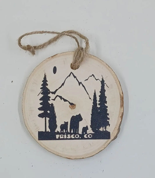 Handcrafted, Wooden Ornament With the Mountains and Bears Round The Mountain Gift Shop