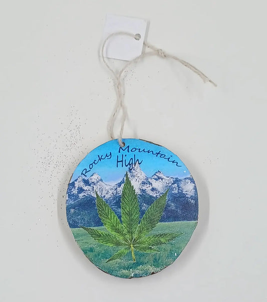 Handcrafted, Wooden Ornament with the Mountains and a Pot Leaf Round The Mountain Gift Shop