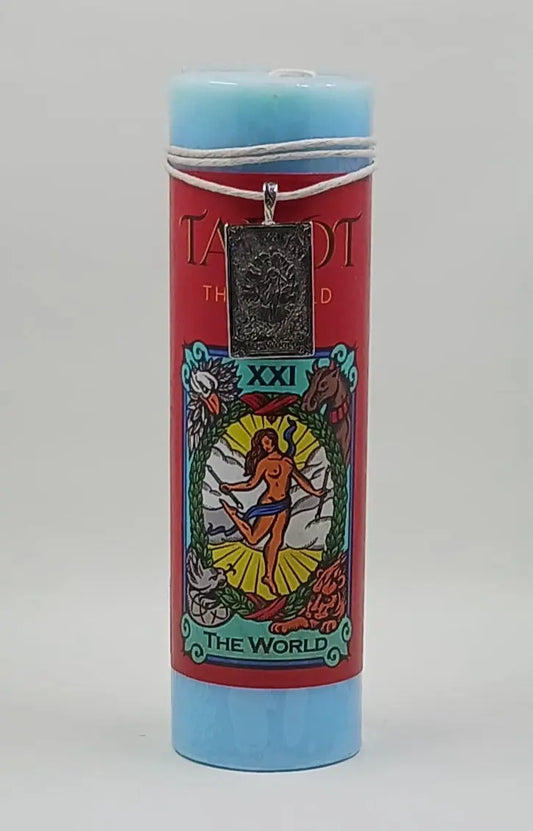 The World Tarot Card Candle and Pendant Necklace Round The Mountain Gift Shop